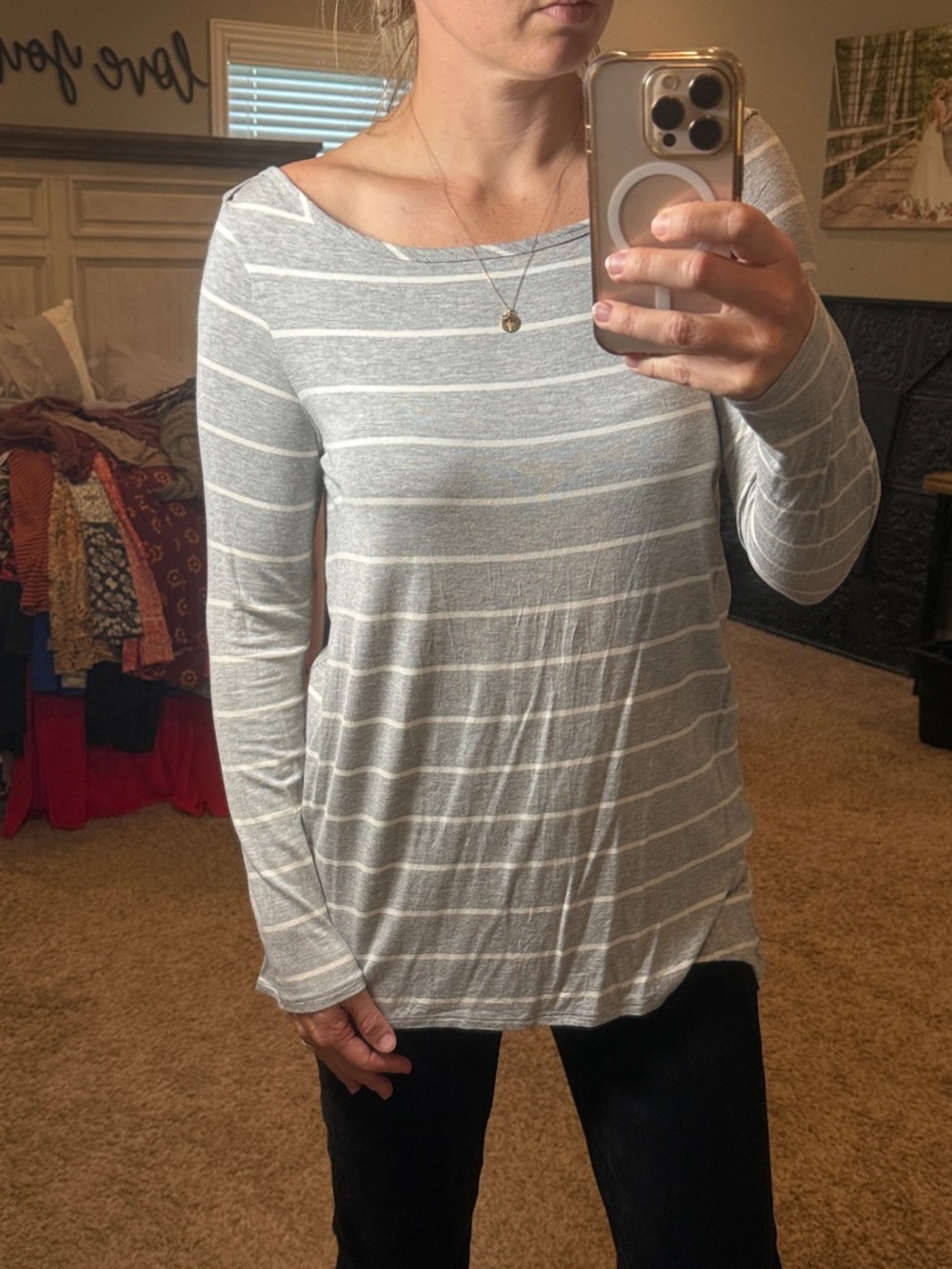 Women’s Gray & White Striped Long Sleeve Boatneck Top